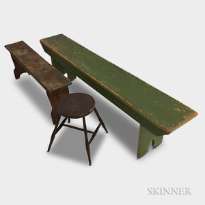 Two Painted Pine Benches and a Bamboo-turned Windsor Stool