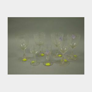 Seven Pieces of Etched Colorless Glass Stemware.