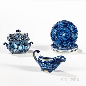 Seven Pieces of Staffordshire Blue Transfer-decorated Pottery