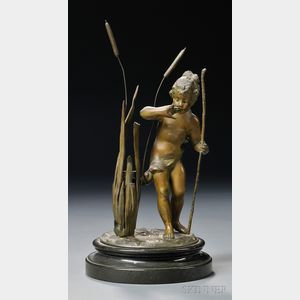 Child Among the Bullrushes Patinated Metal Figural Group