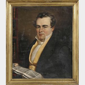 American School, 19th Century Portrait of a Gentleman in a Library Holding a Newspaper.