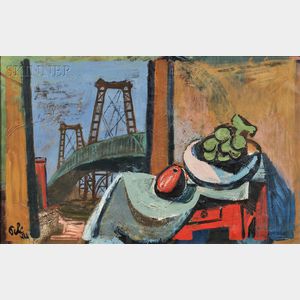 Antonin Pelc (Czech, 1895-1967) Still Life with View to a Bridge
