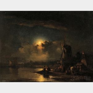 Attributed to John Crome, called Old Crome (British, 1768-1821) Fishermen Pulling Nets by Moonlight