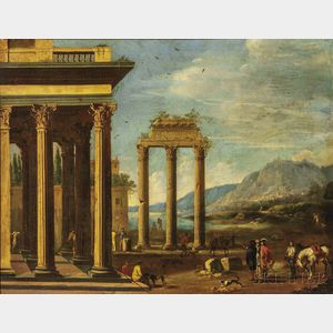Attributed to Viviano Codazzi (1604-1670) Capriccio with Figures and Dogs