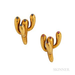 Charming Pair of Tiffany & Co. 18kt Gold Gem-set Cactus Brooches