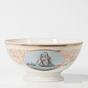 Footed Porcelain Bowl with Painted Nautical Decoration