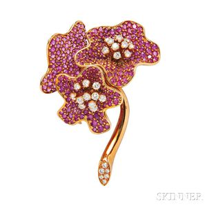 18kt Gold, Ruby, and Diamond Flower Brooch, Jean Vitau