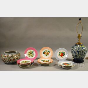 Fifteen French Hand-painted Porcelain Fruit Plates, a Chinese Export Porcelain Bowl and Modern Jar-form/Table Lamp