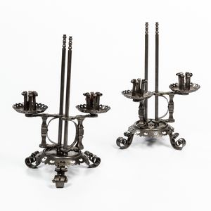 Pair of Elaborate Adjustable Iron Two Light Candle Holders