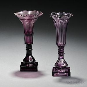 Two Amethyst Pressed Glass Vases