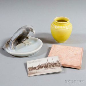 Rookwood Pottery Trivet, Vase, Bird Dish, and Postcard
