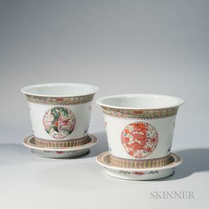 Pair of Enameled Porcelain Planters and Trays