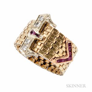 Retro 14kt Gold, Ruby, and Diamond Buckle Ring