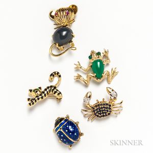 Five Gold Animal Brooches