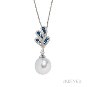 18kt Gold, South Sea Pearl, Diamond, and Sapphire Pendant Necklace