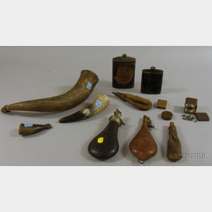 Three Powder Horns, Six Leather and Tin Shot Flasks, and Three Small Metal Shot Boxes.