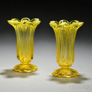 Two Canary Yellow Pressed Loop Pattern Glass Vases