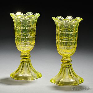 Two Vaseline Pressed Four Printie Block Pattern Glass Vases