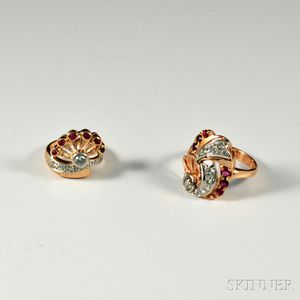 Two Retro 14kt Rose Gold, Diamond, and Ruby Rings