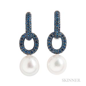 18kt Gold, South Sea Pearl, and Sapphire Day/Night Earrings