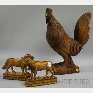 Folk Carved Wooden Rooster Figure and a Pair of Gold-painted Cast Iron St. Bernard Figural Doorstops