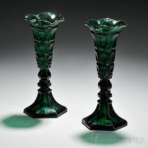 Pair of Emerald Green Pressed Four-Printie Block Pattern Glass Vases