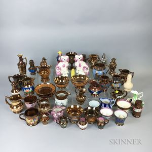 Large Group of Mostly Copper and Pink Lustre Ceramic Items. 