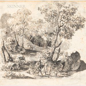 Dutch School, 18th Century Double-sided Drawing: Figures Travelling in a Wooded Landscape (recto),Ruins of a Coliseum (verso)