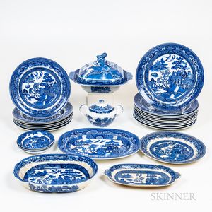Group of Blue and White Willow Porcelain Tableware