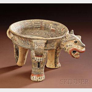 Pre-Columbian Polychrome Pottery Jaguar Tripod Bowl