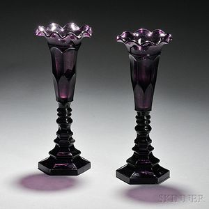 Two Amethyst Pressed Arch Glass Vases