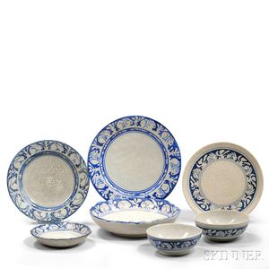 Seven Dedham Pottery Rabbit Pattern Tableware Items