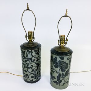 Pair of Miranda Thomas Floral-decorated Studio Pottery Table Lamps