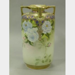 Large Nippon Handpainted Floral and Gilt Decorated Porcelain Vase.