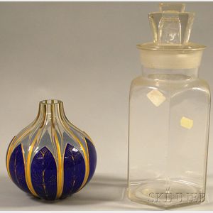 Gilt-decorated Cobalt-cut-to-clear Glass Vase and an H.J. Heinz & Co. Hexagonal Colorless Molded Glass Retail Advertising Pickle Jar, j