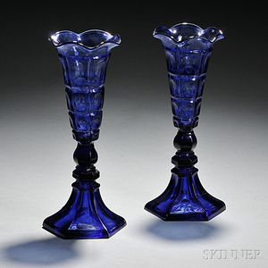 Pair of Cobalt Blue Pressed Four-Printie Block Pattern Glass Vases