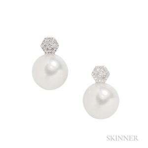 18kt Gold, South Sea Pearl, and Diamond Earrings