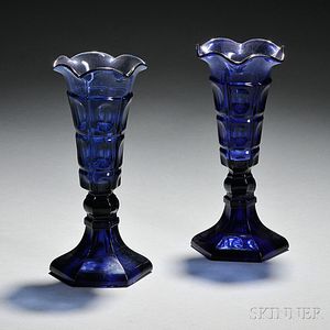 Two Cobalt Blue Pressed Four Printie Block Pattern Glass Vases