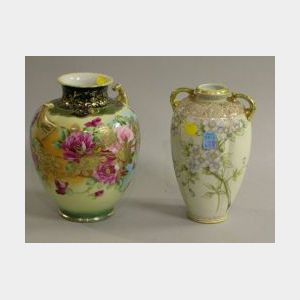 Two Nippon Handpainted Floral and Gilt Decorated Porcelain Vases.