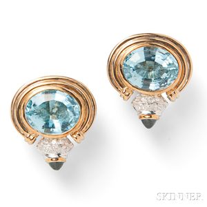 14kt Gold, Blue Topaz, and Diamond Earclips