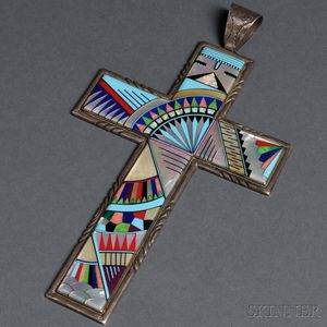 Sterling Silver and Stone-mounted Cross Pendant