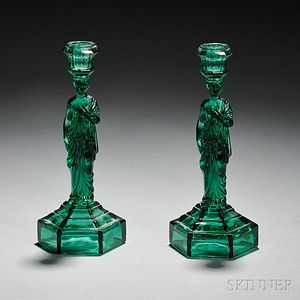 Two Emerald Green Pressed Caryatid Candlesticks