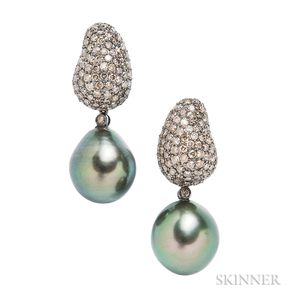 18kt Gold, Tahitian Pearl, and Colored Diamond Day/Night Earrings