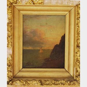 Framed 19th Century American School Oil on Canvas Marine View at Sundown with a Figure on a Coast