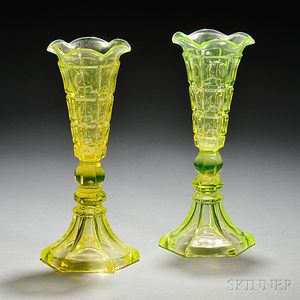 Two Vaseline Pressed Four Printie Block Pattern Glass Vases