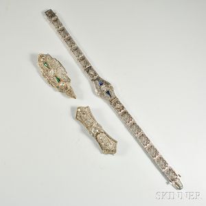Three Pieces of Art Deco Gem-set Jewelry
