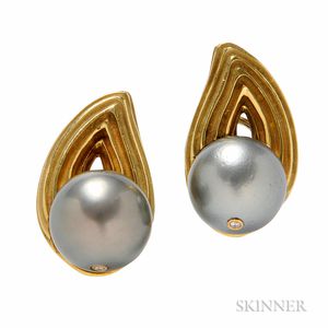 18kt Gold, Tahitian Pearl, and Diamond Earclips, Christopher Walling
