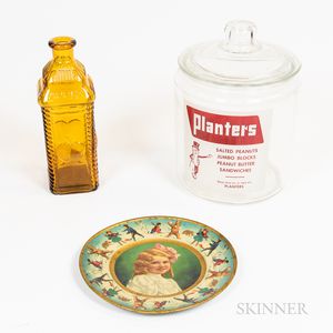 Glass Planters Peanuts Advertising Jar, a Lithographed Tin Plate, and a Molded Glass Bottle