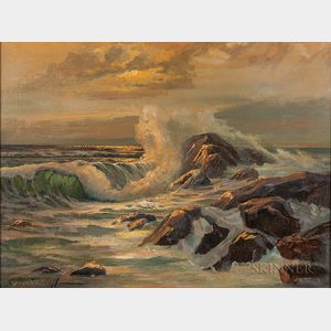 Constantin Aleksandrovich Westchiloff (Russian, 1877-1945) Waves on Rocks in Rosy Light