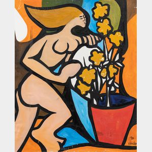 Roland Dorcély (Haitian, 1930-2017) Nude with Potted Flowers